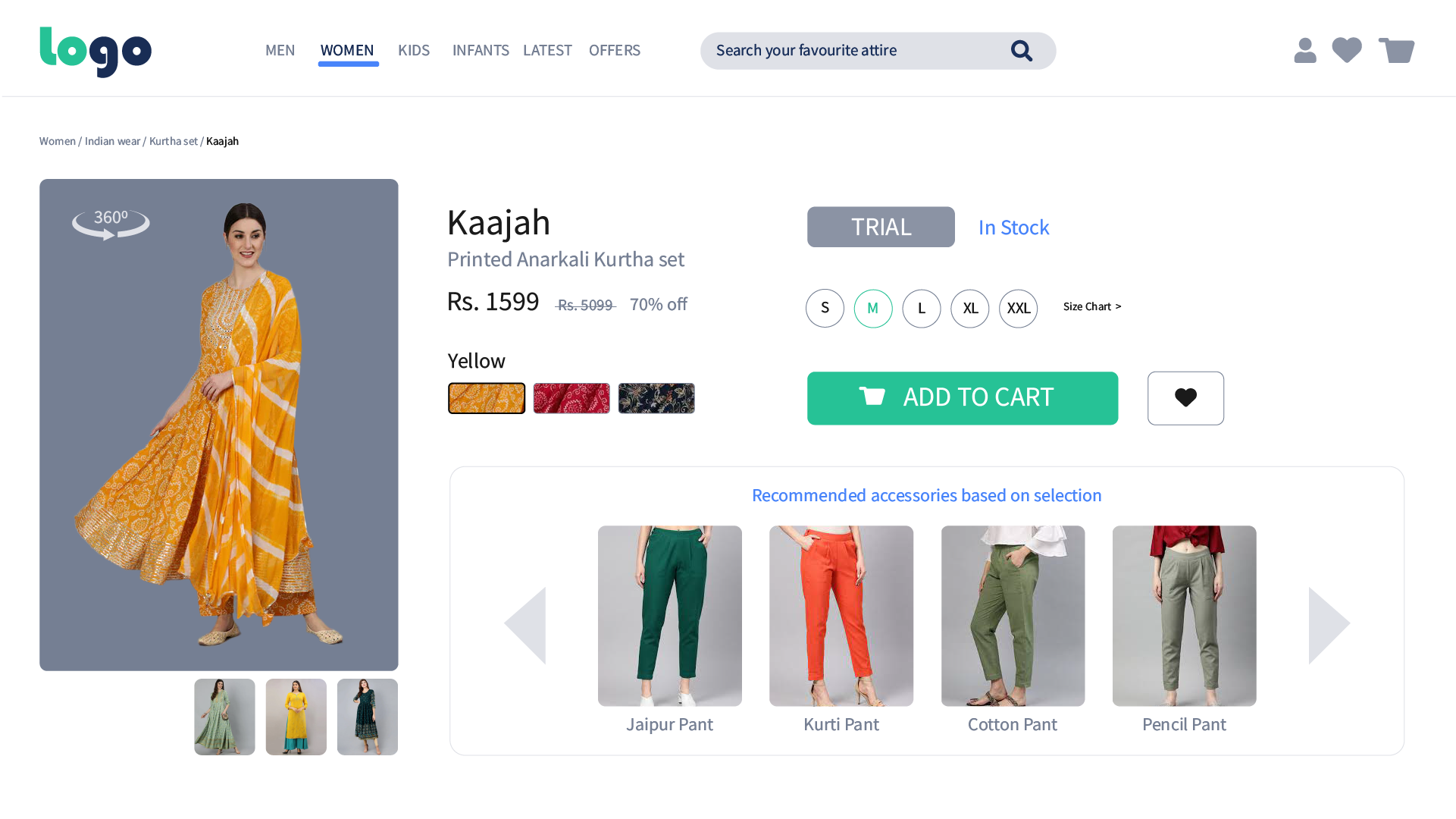 360° Product Detail View with interactive model rotation and recommended pant pairings