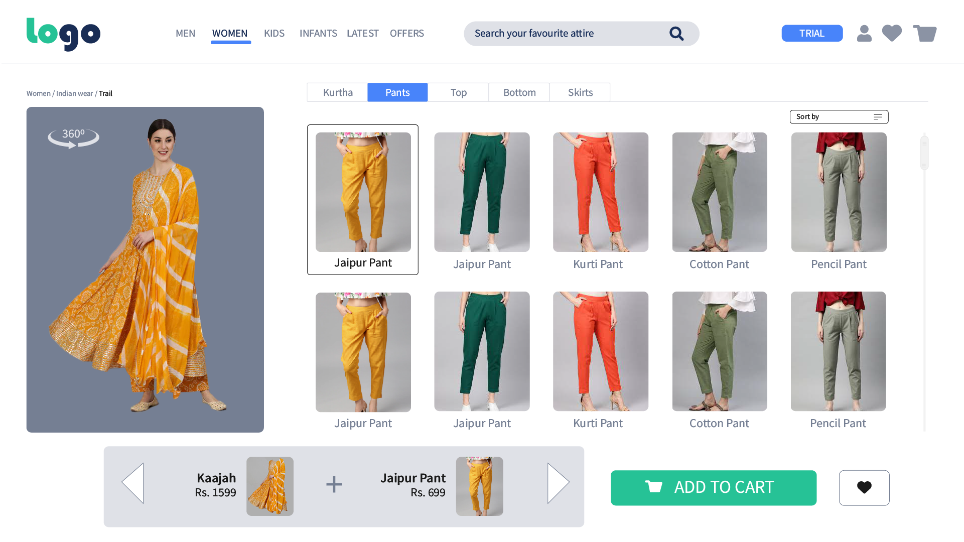 Interactive Trial Mode showcasing mix-and-match bottom/kurtha selector with combined price