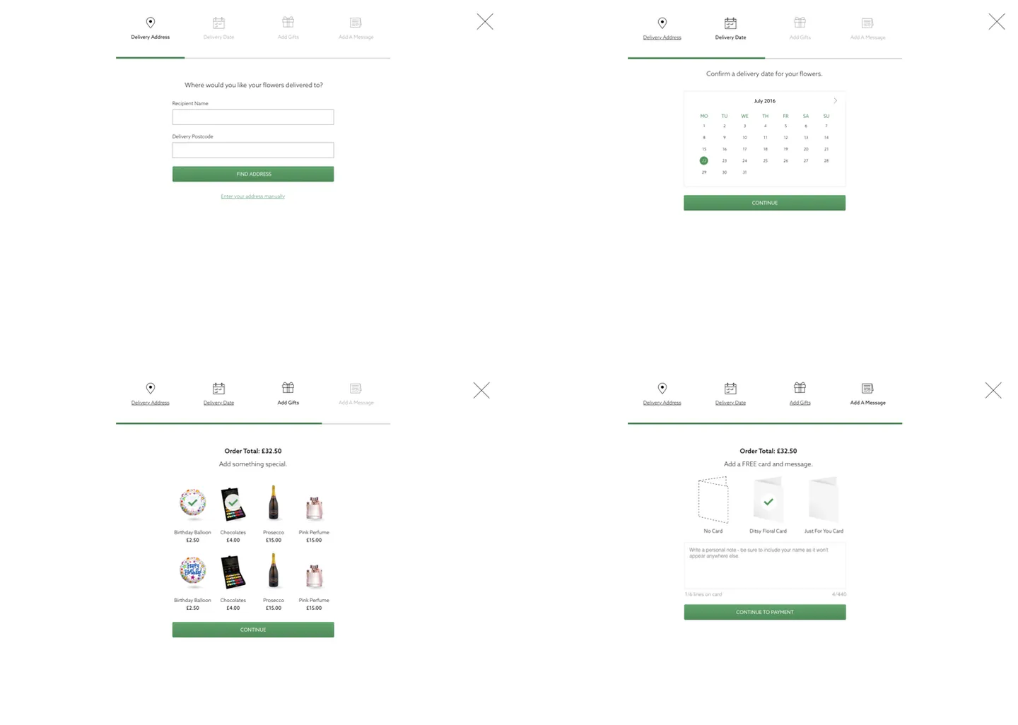 The customer order process: address, date, gifts, and message