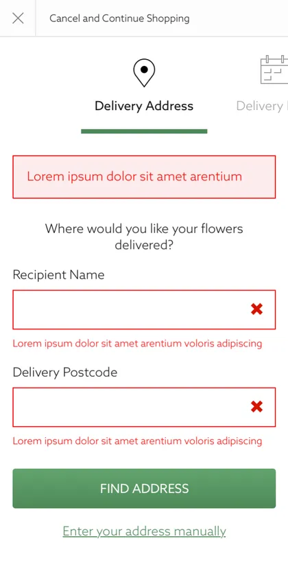 Mobile: the same form with error states