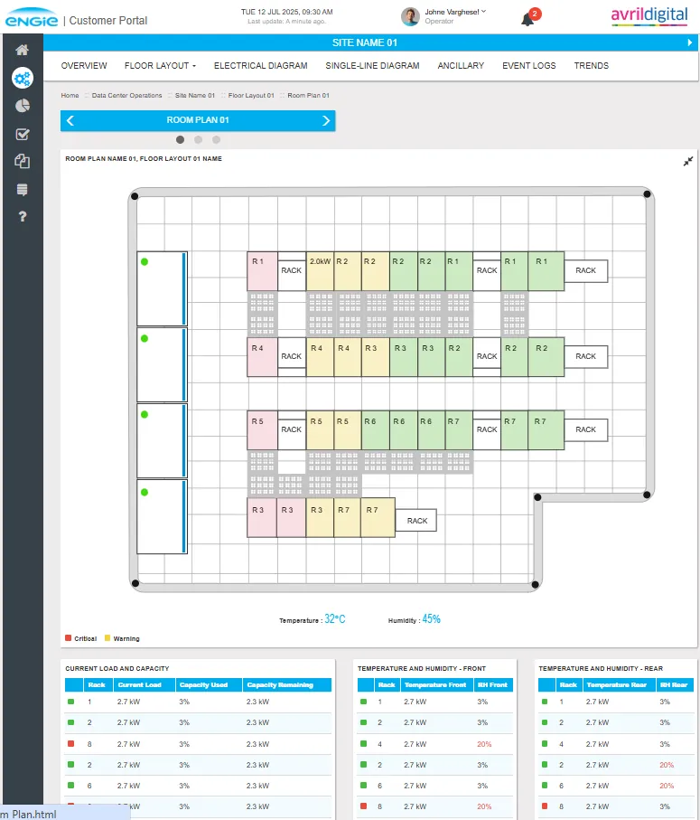 Level 3: the room plan, with status colour on every rack